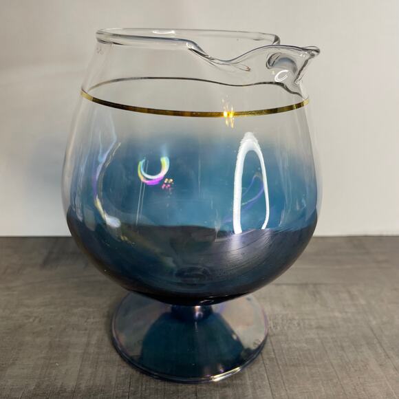 Rare Vintage MCM Blendo Blue Iridescent Brandy Snifter Pitcher With Gold Trim - Picture 8 of 8